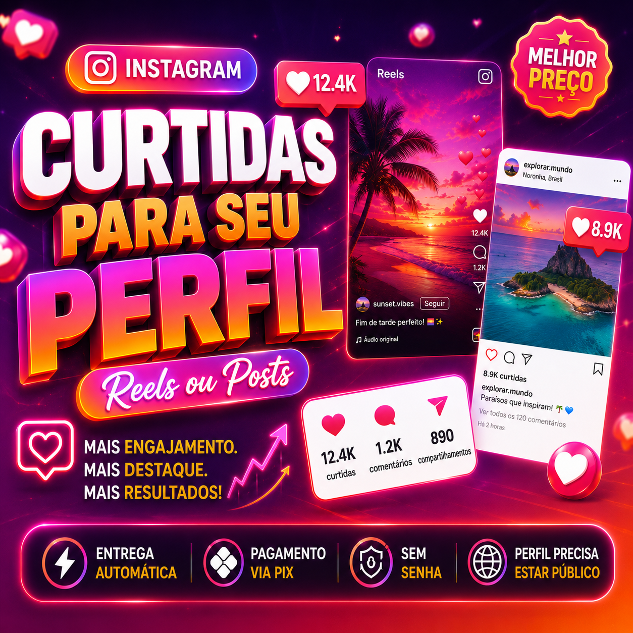 Curtidas 🇧🇷 Instagram para Reels ou Posts ❤️ | Entrega Rápida | Melhor Preço