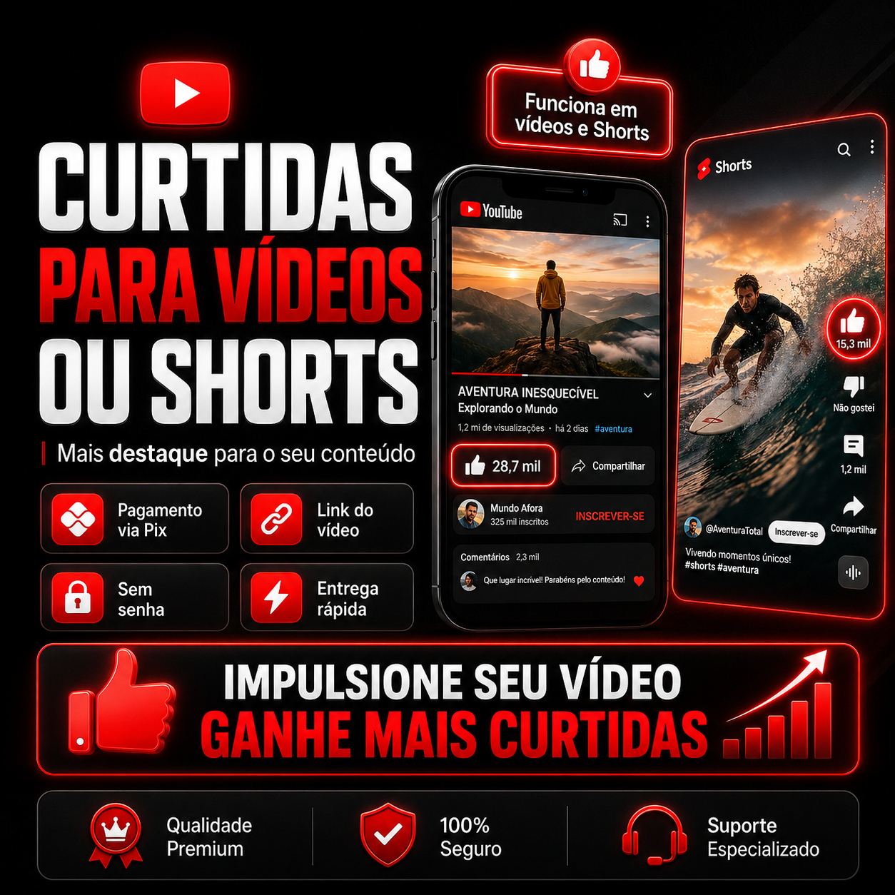 Curtidas para Vídeos ou Shorts do YouTube 👍 | Entrega Rápida + Sem Senha