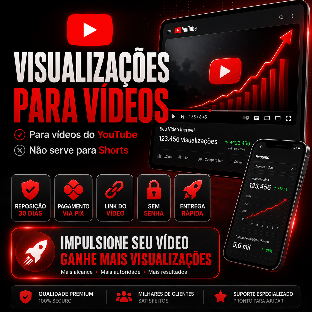 Visualizações para Vídeos do YouTube ▶️ | Vídeos Tradicionais — Não Serve para Shorts | Reposição por 30 Dias