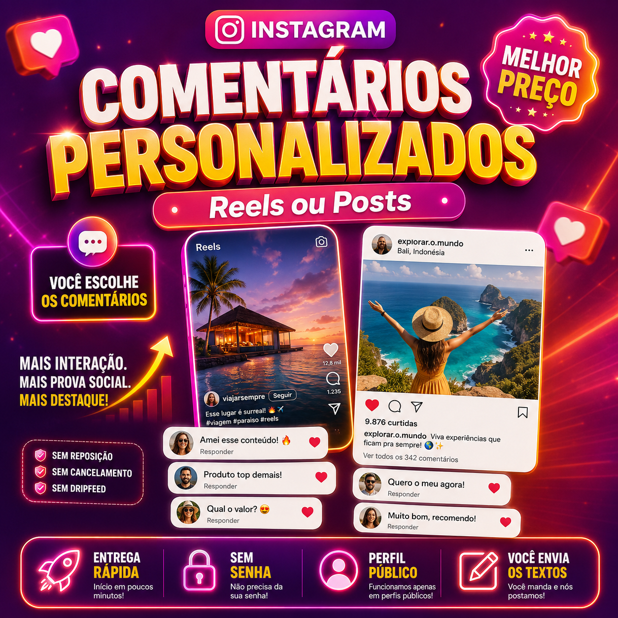 Comentários Personalizados no Instagram 💬 | Para Reels ou Posts | Entrega Rápida