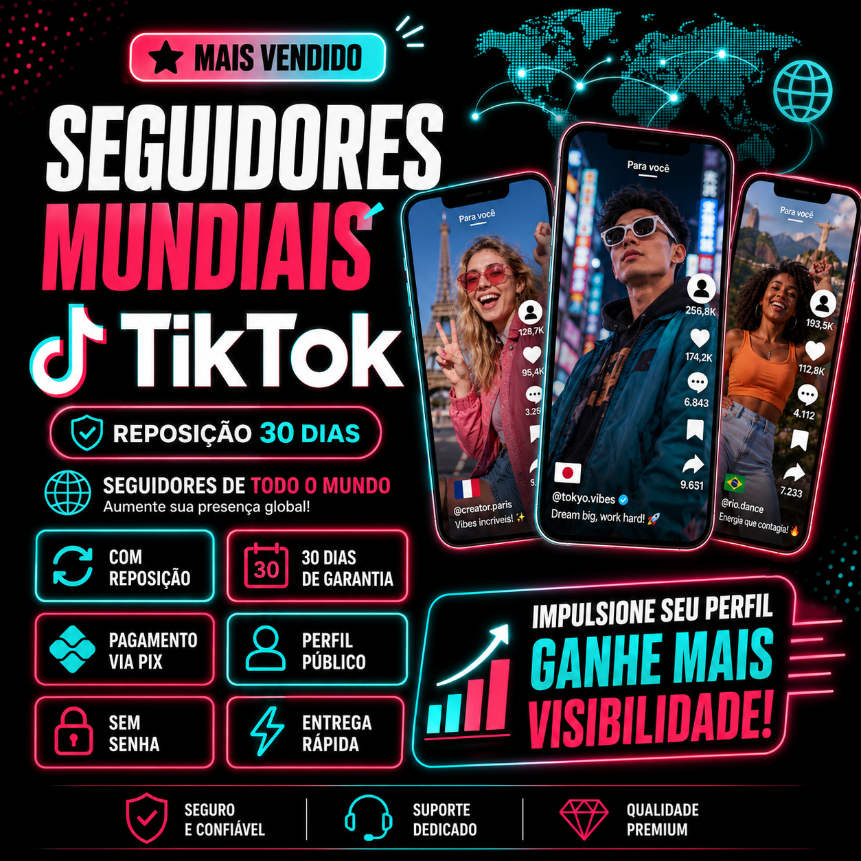 Seguidores TikTok Mundiais 🌍 | Reposição por 30 Dias + Entrega Rápida | Sem Senha